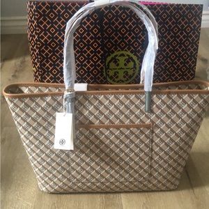 NWT TORY BURCH GEO LOGO COLOR-BLOCK TOTE HAZELNUT